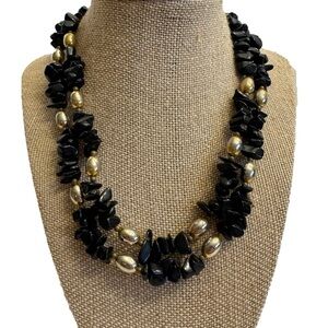 Vintage Black Onyx Gemstone Chunky Chips & Gold Beads Double Strand Necklace 19"